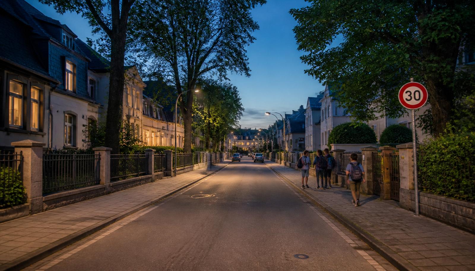 Rue résidentielle bordée d'arbres à Strassen avec un panneau de limitation à 30 km/h